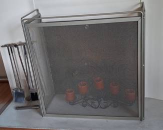 Mid-Century Modern Chrome or Nickel Fireplace Screen and Tool Set