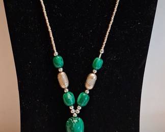 Ethiopian Coptic Cross Pendant Necklace with Green Stone Beads