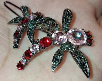 Dragonfly Hair Clip with Red and Pink Rhinestones