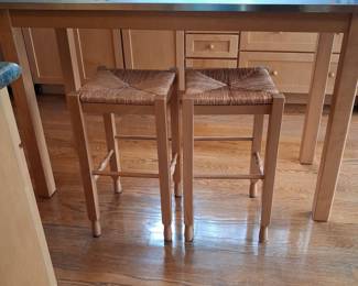 Set of Two Light Wood Bar Stools with Woven Rush Seats