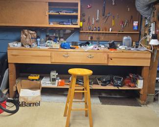 Heavy-Duty Wooden Workbench with Pegboard and Cabinet