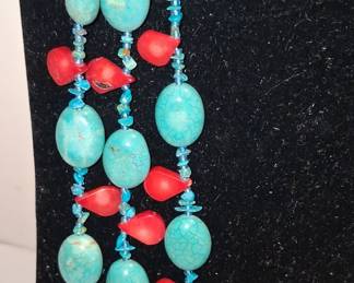 Multi-Strand Turquoise and Red Coral Necklace with Sterling Silver Cones