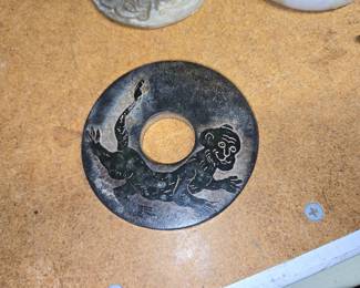 Carved Nephrite Jade Bi Disc with Calligraphy and Mythical Creature (Hongshan Culture)