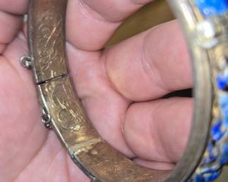 Antique Chinese Export Silver and Blue Enamel Hinged Bangle Bracelet