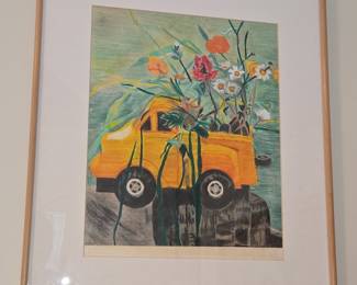 Original Colored Pencil Drawing of Yellow Truck with Flowers