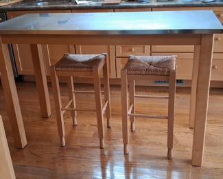 Pottery Barn Stainless Steel Top Kitchen Island with Two Stools