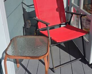 Patio Set: Red Sling Folding Chair and Glass-Top Side Table