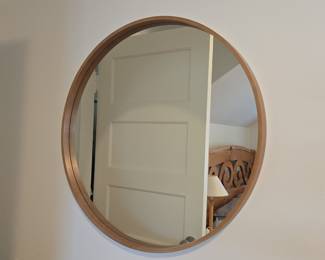 Mid-Century Modern Style Ribbed Wood Frame Round Wall Mirror