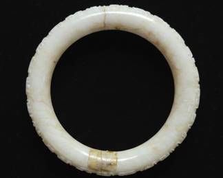 Carved White Jadeite Bangle with Archaistic Motifs and Repair