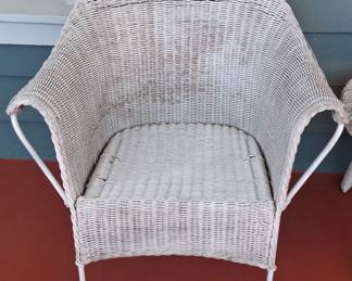 Vintage White Wicker Patio Bistro Set with Blue Ombre Cushions