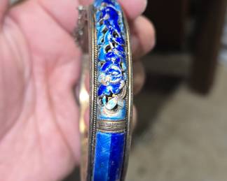Antique Chinese Export Silver and Blue Enamel Hinged Bangle Bracelet