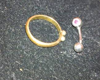 Mixed Metal Band Ring and Curved Barbell Body Jewelry Set