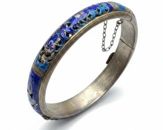 Antique Chinese Export Silver and Blue Enamel Hinged Bangle Bracelet