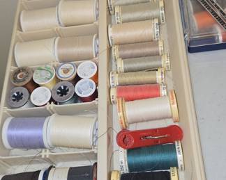 Vintage Sewing Thread Assortment with Organizer Tray and Dritz Sewing Gauge