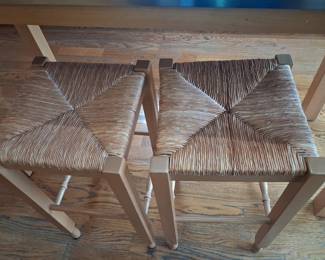 Set of Two Light Wood Bar Stools with Woven Rush Seats