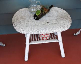 Vintage White Wicker Patio Bistro Set with Blue Ombre Cushions