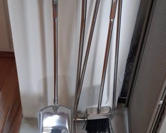 Mid-Century Modern Chrome or Nickel Fireplace Screen and Tool Set
