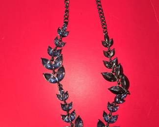 Vintage Blue Marquise-Cut Rhinestone Leaf Necklace