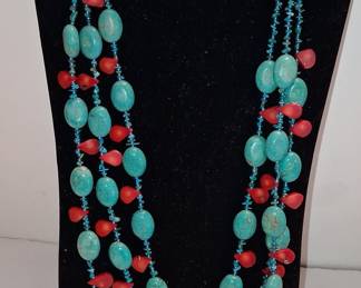 Multi-Strand Turquoise and Red Coral Necklace with Sterling Silver Cones