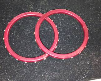 Vintage Red Bakelite Bangle Bracelets with Inlaid Dots