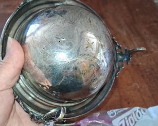 Victorian Silver Plated Revolving Butter Dish with Engraved Dome and Acanthus Leaf Feet