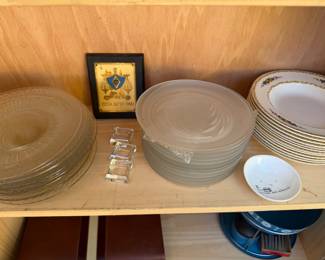 Beautiful sets of etched plates and vintage rim soup bowls, salt cellars
