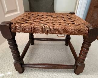 Antique Bobbin Turned Oak Footstool with Woven Seat
