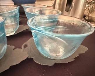 Set of 9 Hand-Blown Glass Sake Cups with Slate Leaf Coasters