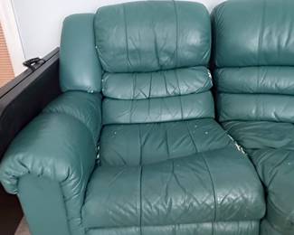 Emerald Green Leather Sectional Reclining Sofa with Storage and Cup Holders