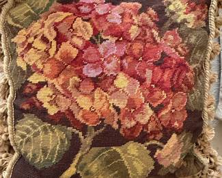 Vintage Hydrangea Needlepoint Pillow with Tassel Fringe
