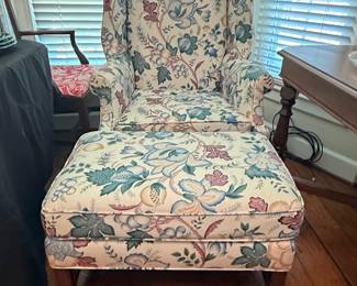 Traditional Floral Wingback Chair and Ottoman