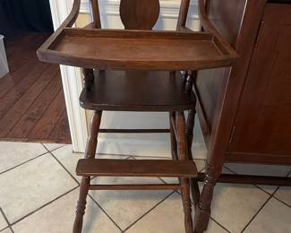 Antique Oak Pressed Back High Chair with Tray