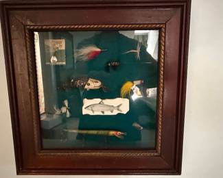 Vintage Fishing Lure Shadow Box Display with "American Angling" branding