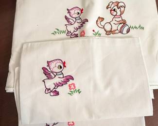 Vintage Hand-Embroidered Cotton Pillowcase Set - Duckling and Puppy