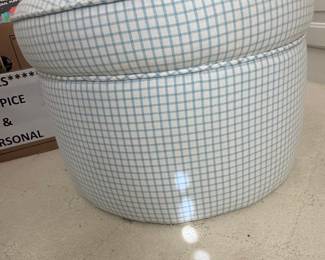 Upholstered Round Ottoman with Gingham Pattern