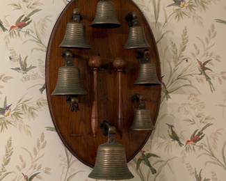 Vintage Brass Handbell Set on Oval Wall Plaque
