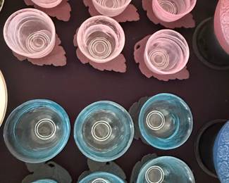 Set of 9 Hand-Blown Glass Sake Cups with Slate Leaf Coasters
