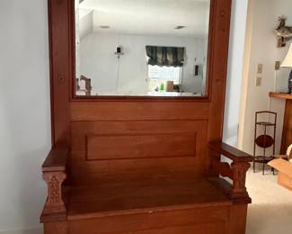 Victorian Tiger Oak Hall Tree with Bench and Mirror