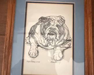 English Bulldog Graphite Drawing by M. Martin, 1970