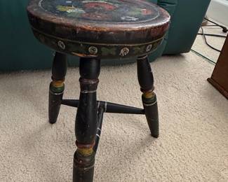 Vintage Hand-Painted Folk Art Milking Stool with Floral and Geometric Motifs