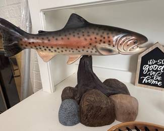 Hand-Painted Resin Brown Trout Sculpture on Driftwood and Rock Base