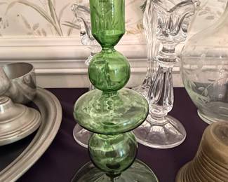 Mid-Century Modern Green Blown Glass Candlestick with Stacked Spheres