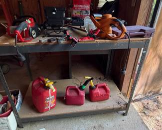 Assorted Garage Workshop Tools and Gas Cans