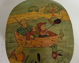 Vintage Hand-Painted Folk Art Wooden Box with Fishing Scene