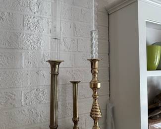Collection of Vintage Brass Candlesticks with Glass Inserts