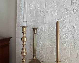 Collection of Vintage Brass Candlesticks with Glass Inserts