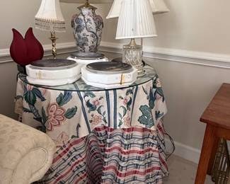 Round Accent Table with Floral and Plaid Skirt