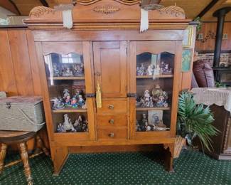 Vintage Oak China Cabinet Hutch with Carved Pediment