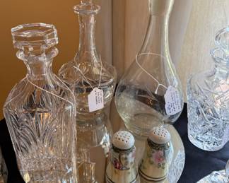 Vintage decanters, antique S & P shakers
