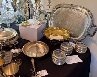 Silver plate, coasters, trays, serving pieces, mint julep cups, servers, candle stick holde